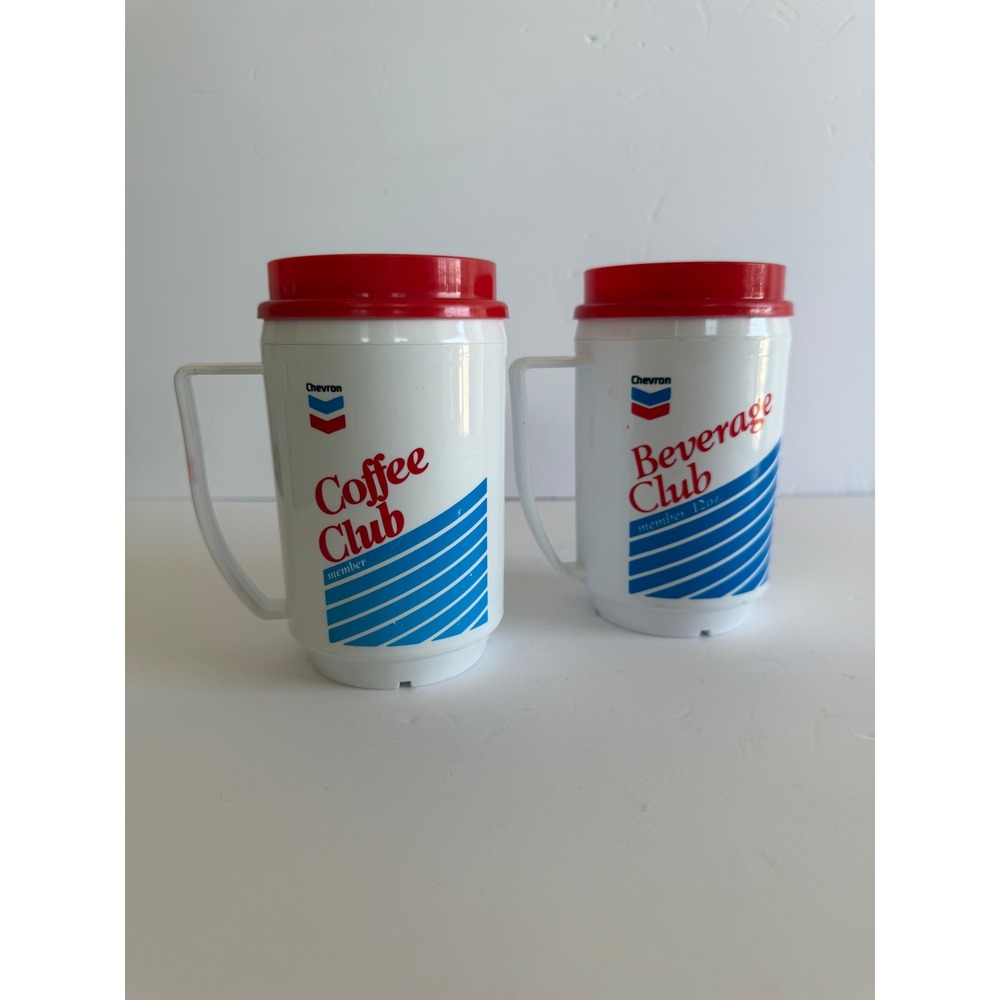 Vintage Chevron Food Mart Beverage Club Insulated Travel Mugs Set of 2 Red White